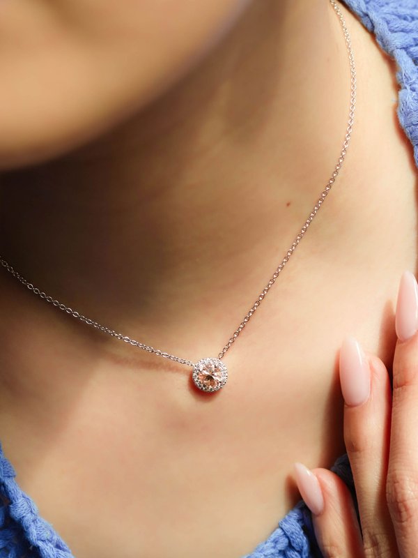 One-of-a-kind Halo Necklace - Peach Pink Morganite and Diamonds in 18K Solid White Gold 01